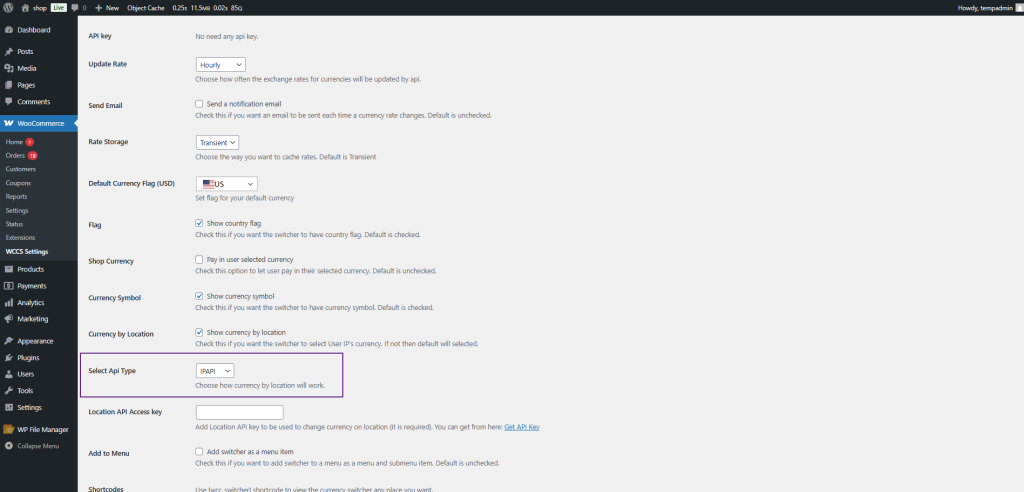 WooCommerce settings page showing currency options; highlighted area labeled 'Select Api Type' with a dropdown (IPAPI) and caption 'Choose how currency by location will work'