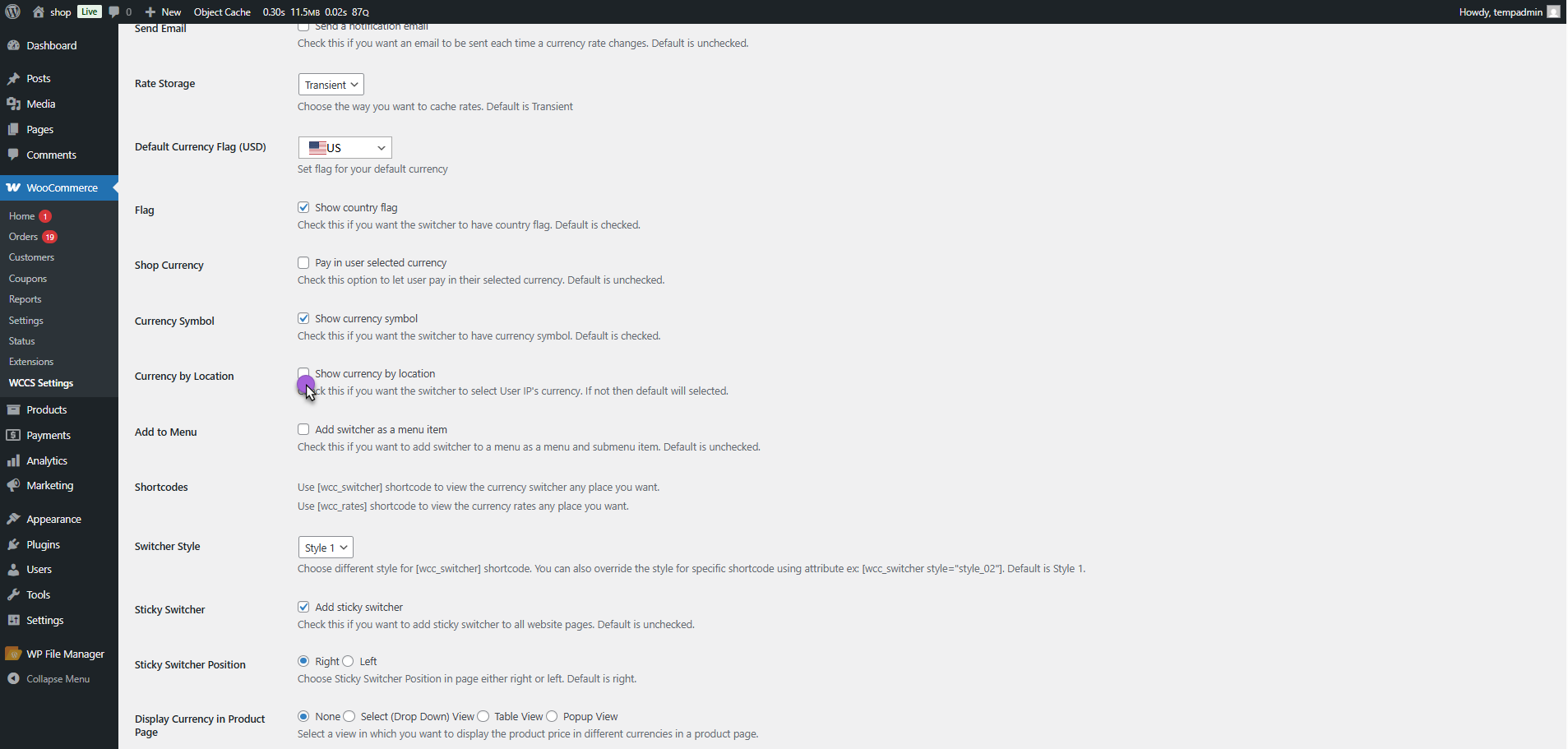 WooCommerce settings page showing currency options (Default Currency, Flag, Currency by Location) in the admin dashboard.