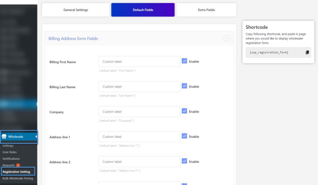 Screenshot of a form settings page showing Billing Address fields with custom labels and enable checkboxes, tabs on top beside a shortcode panel on the right