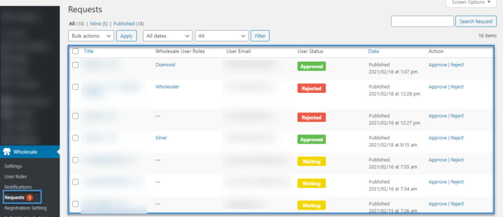 Wholesale requests management: table of user requests with status badges (Approved, Rejected, Waiting) in the Wholesale admin area