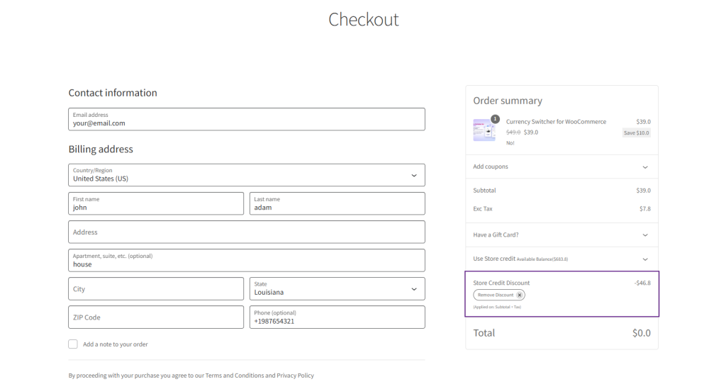 Checkout section