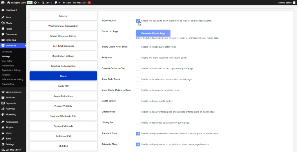Enable the Quote Feature