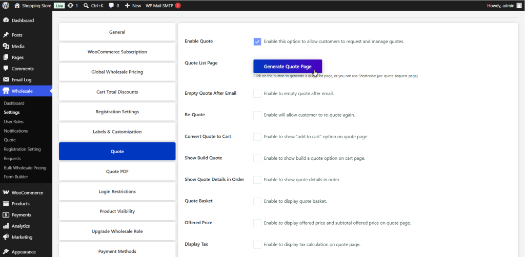 Create B2B Quote list page
